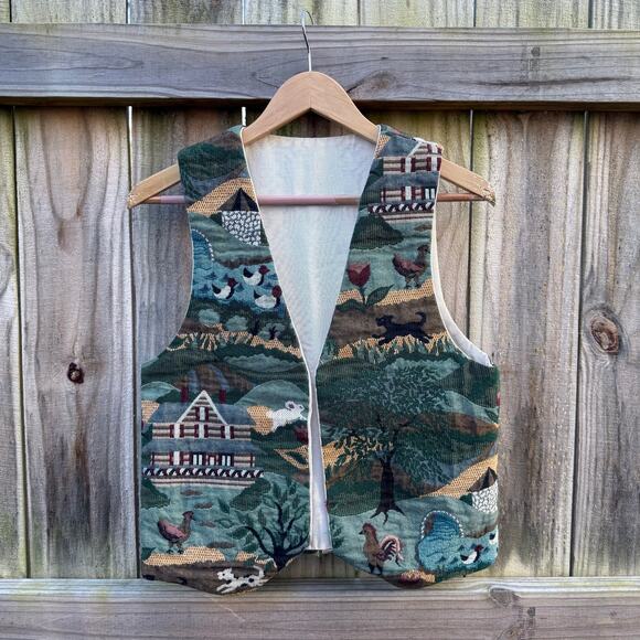 Vintage Countryside Scenic Tapestry Vest – Green Multi, Cottagecore - Picture 6 of 10